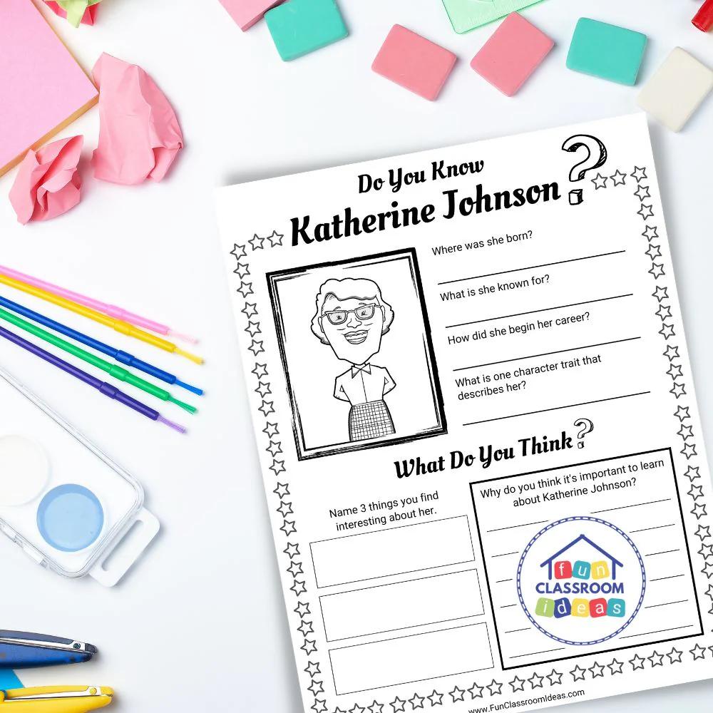 Kindergarten students working on a Katherine Johnson mini book activity about NASA history