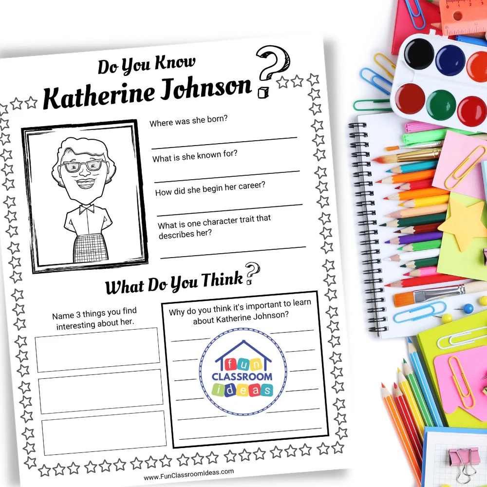 Katherine Johnson Mini Book worksheet activity page 7 showing kindergarten students learning about the pioneering NASA mathematician