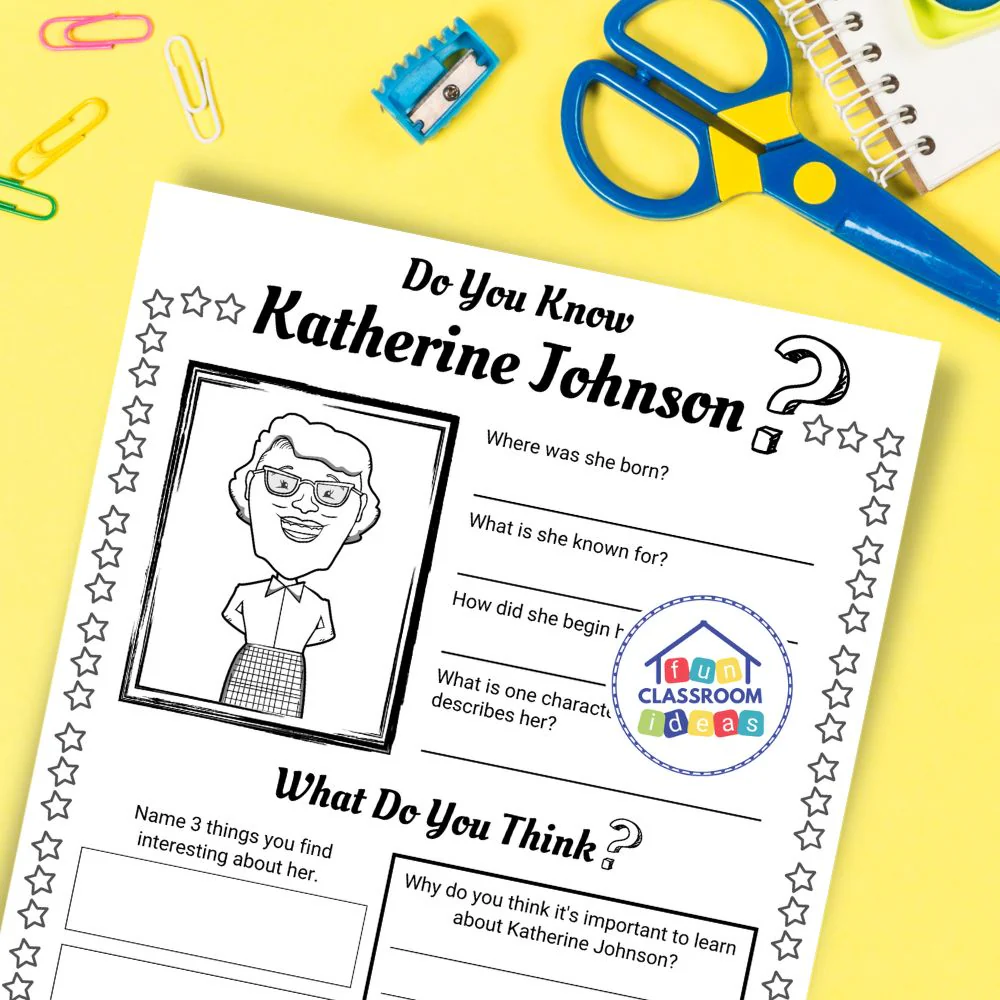 Katherine Johnson Mini Book worksheet activity page 14 showing cut and paste math and reading exercises for kindergarten students learning about the famous NASA mathematician