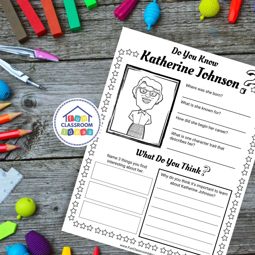 Katherine Johnson worksheet for second graders focusing on reading comprehension and math concepts