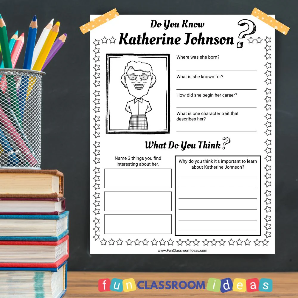 Second grade reading comprehension worksheet featuring a biography of mathematician Katherine Johnson