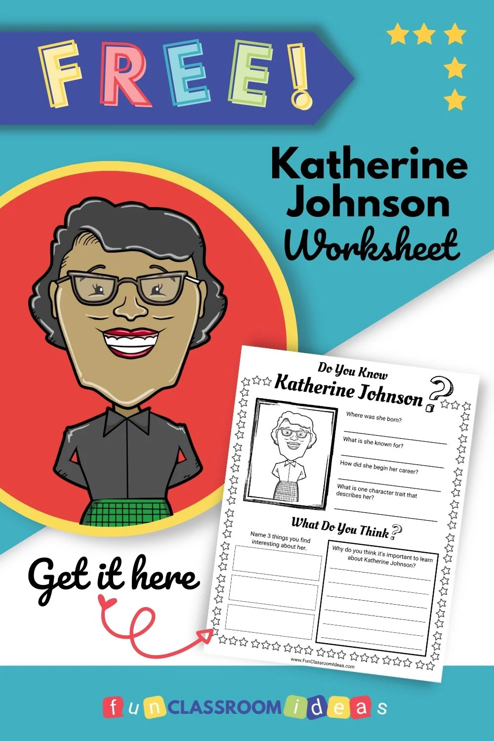 Worksheet featuring Katherine Johnson for second graders learning about her contributions to math and science