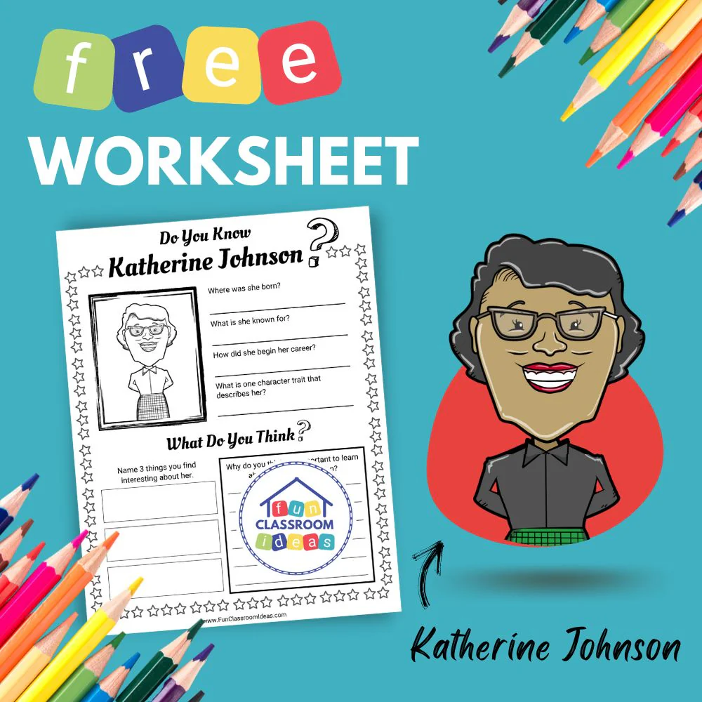 Second grade math worksheet featuring a portrait of Katherine Johnson and space exploration themes