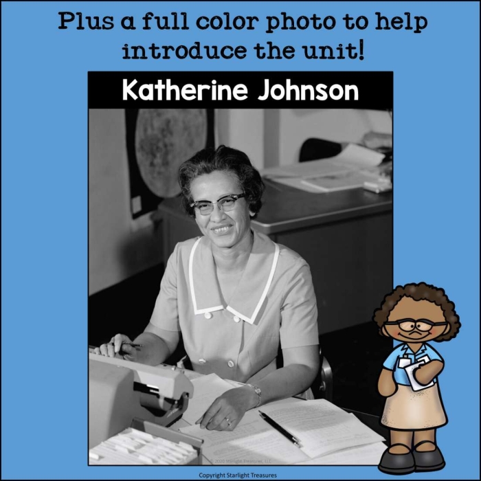 Kindergarten student holding a printed mini book about NASA mathematician Katherine Johnson