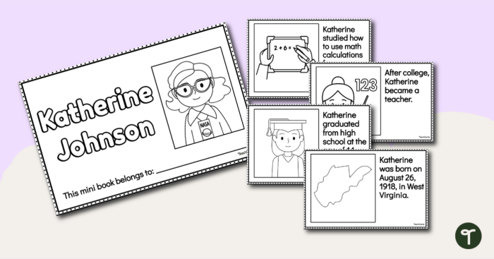 Kindergarten student coloring a Katherine Johnson mini book worksheet about her space career