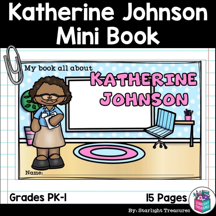 Katherine Johnson Mini Book worksheet activity for kindergarten students learning about the famous NASA mathematician and her achievements