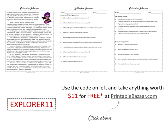 Illustration of the All About Katherine Johnson Reader worksheet for Kindergarten students
