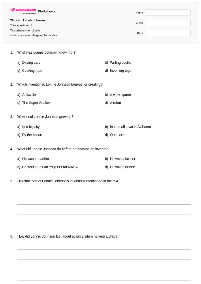 A fourth-grade worksheet featuring Katherine Johnson, an influential mathematician and physicist. Discover the contributions of Katherine Johnson through this educational reading comprehension activity.