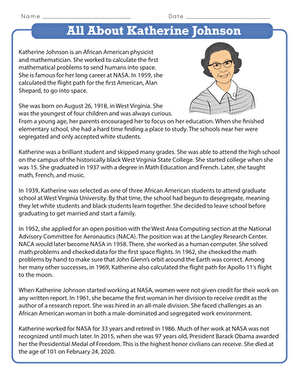 Worksheet featuring Katherine Johnson's inspiring story for young learners