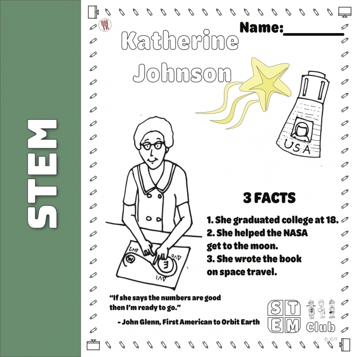 Worksheet featuring the story of Katherine Johnson for kindergarten students