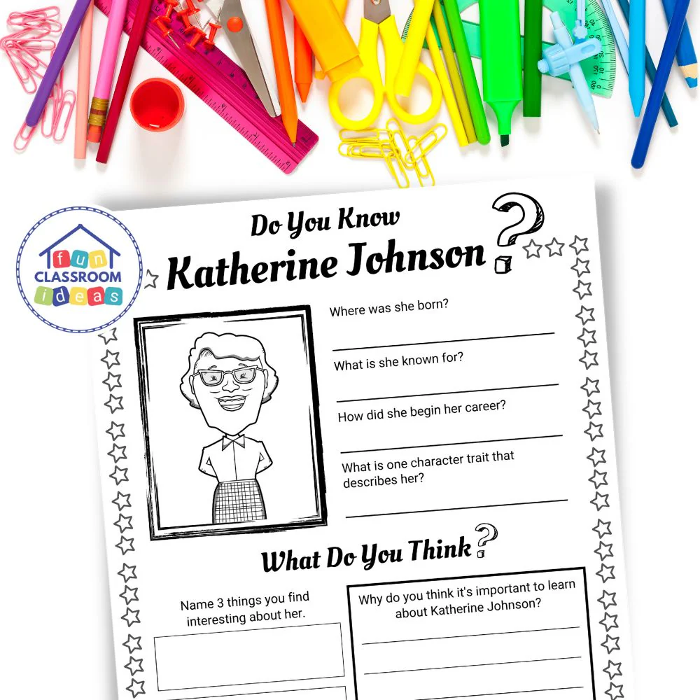 Katherine Johnson Reader worksheet for kindergarten students focusing on vocabulary and reading skills