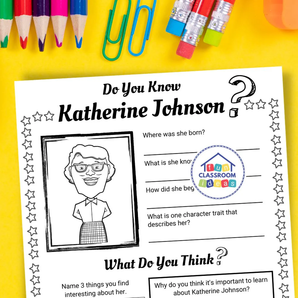 Katherine Johnson worksheet for fourth graders focusing on her contributions to space exploration