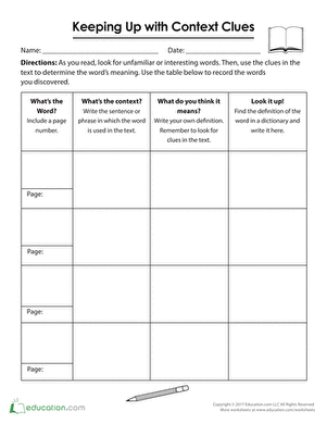 Earth and Space Science worksheet for Third Grade Worksheet for third graders on using context clues to decipher unfamiliar vocabulary in Earth and Space Science. Keeping Up with Context Clues: Vocabulary Organizer for 3rd Grade Students.