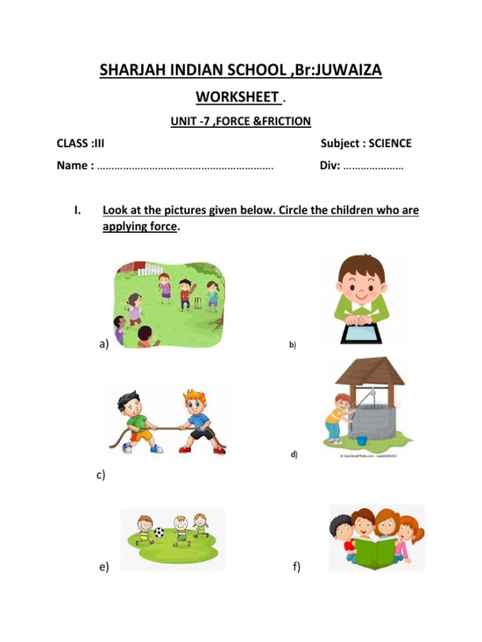 Worksheet image illustrating questions on friction for second-grade students Kids engaging with the Learn About Force: Friction worksheet to explore friction scenarios