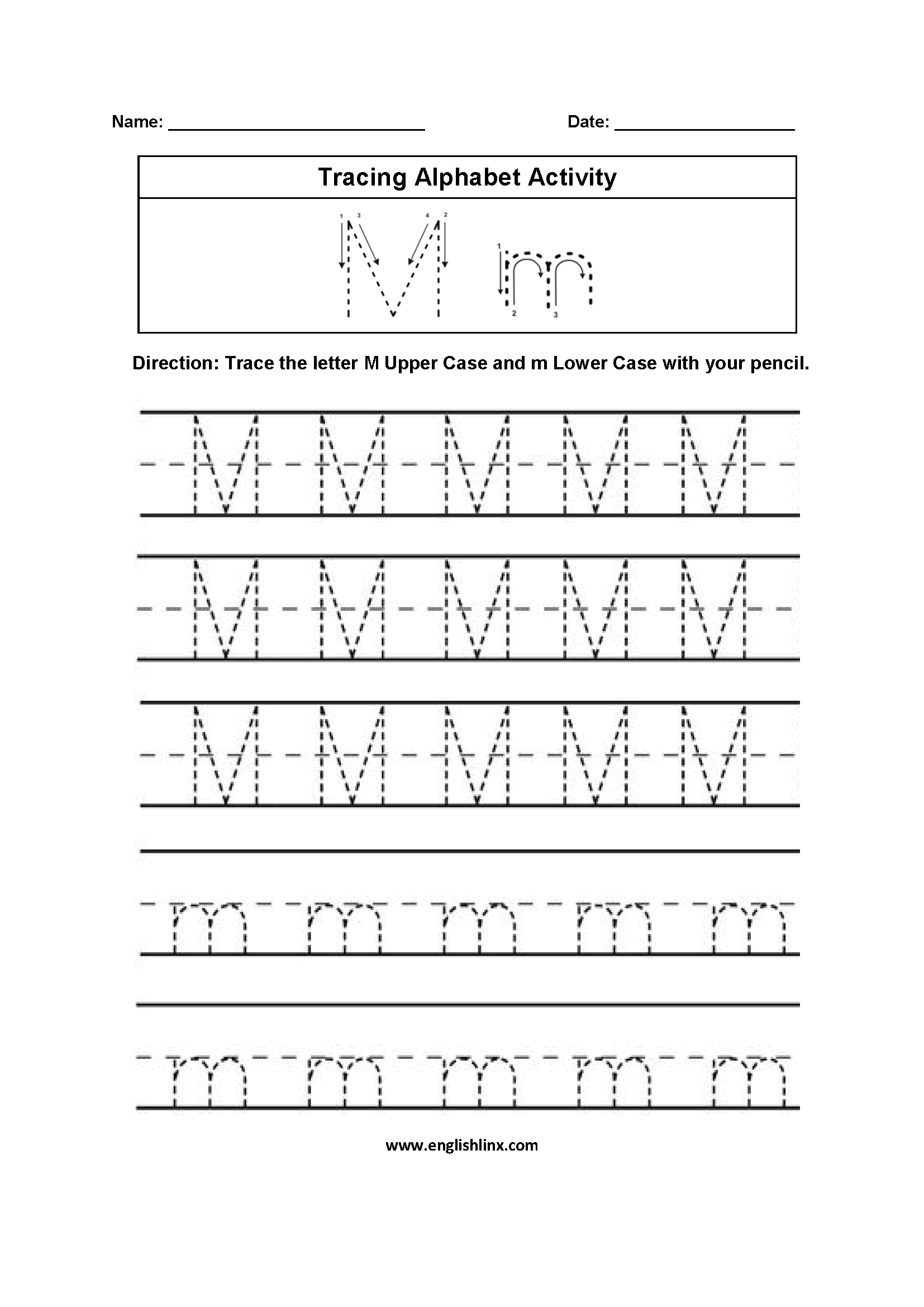 Practice Tracing the Letter M Worksheet for Pre-K Students Kids practicing tracing the letter M on a fine motor skills worksheet