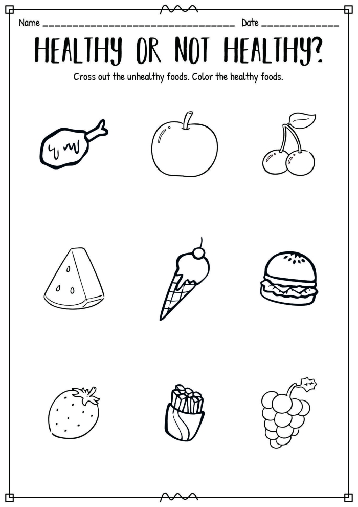 Kids' activity worksheet featuring healthy and unhealthy food options for sorting