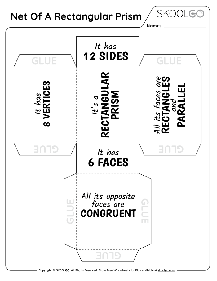 Printable rectangular prism net template for kindergarten students to cut out and assemble for learning 3D shapes