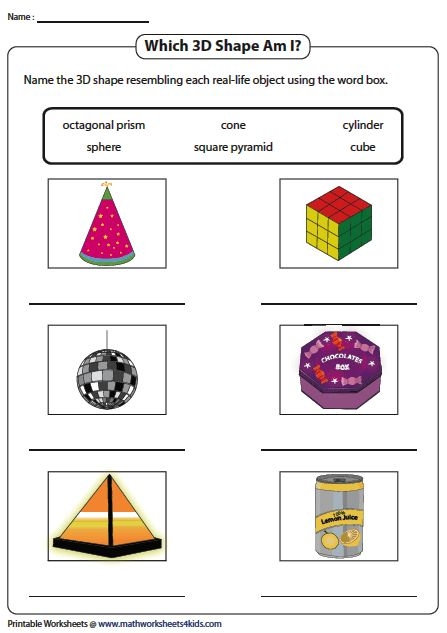 Worksheet 10 Matching 3D Shapes to Real Life Objects for Kindergarteners Kindergarten student worksheet featuring 3D shapes matched with everyday real world objects