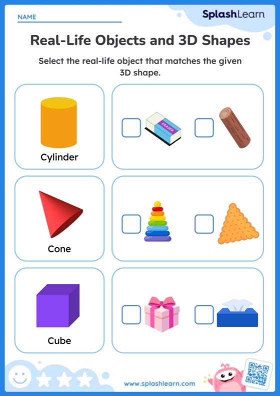 3D Shapes in Real Life Worksheet Activity for Kindergarteners Kindergarten student matching 3D geometric shapes to household objects worksheet