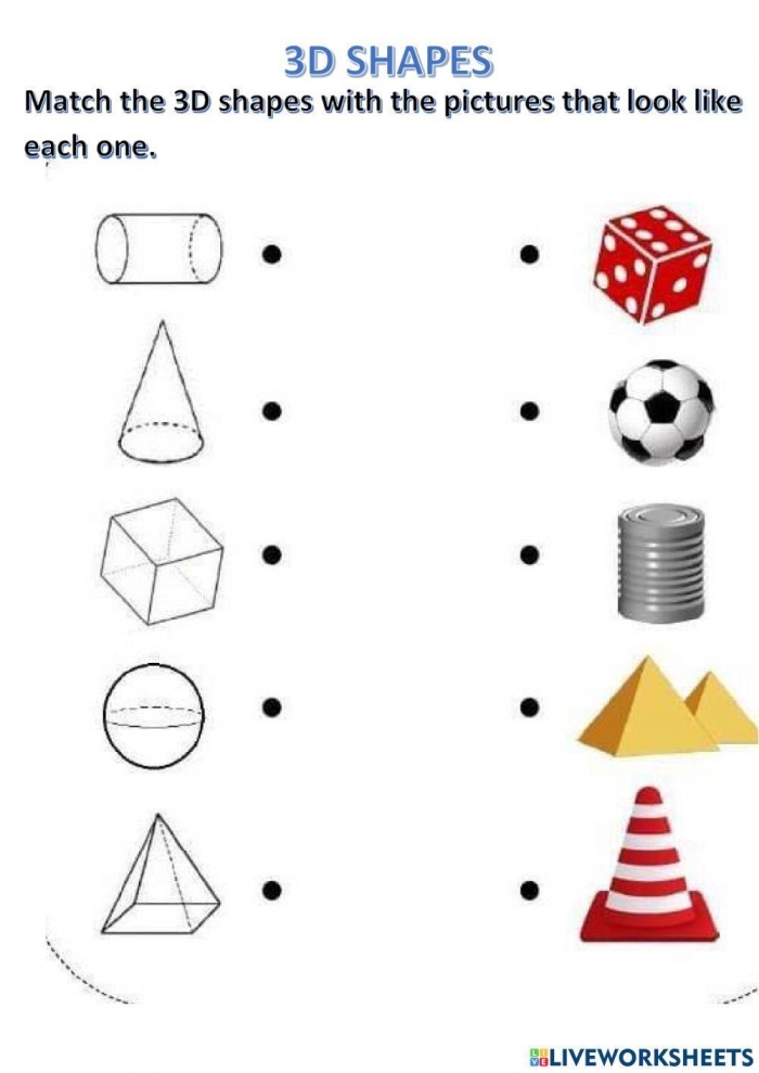 Engaging 3D Shapes in the World worksheet for phonics practice Worksheet featuring 3D shapes in real-life scenarios for kindergarten students