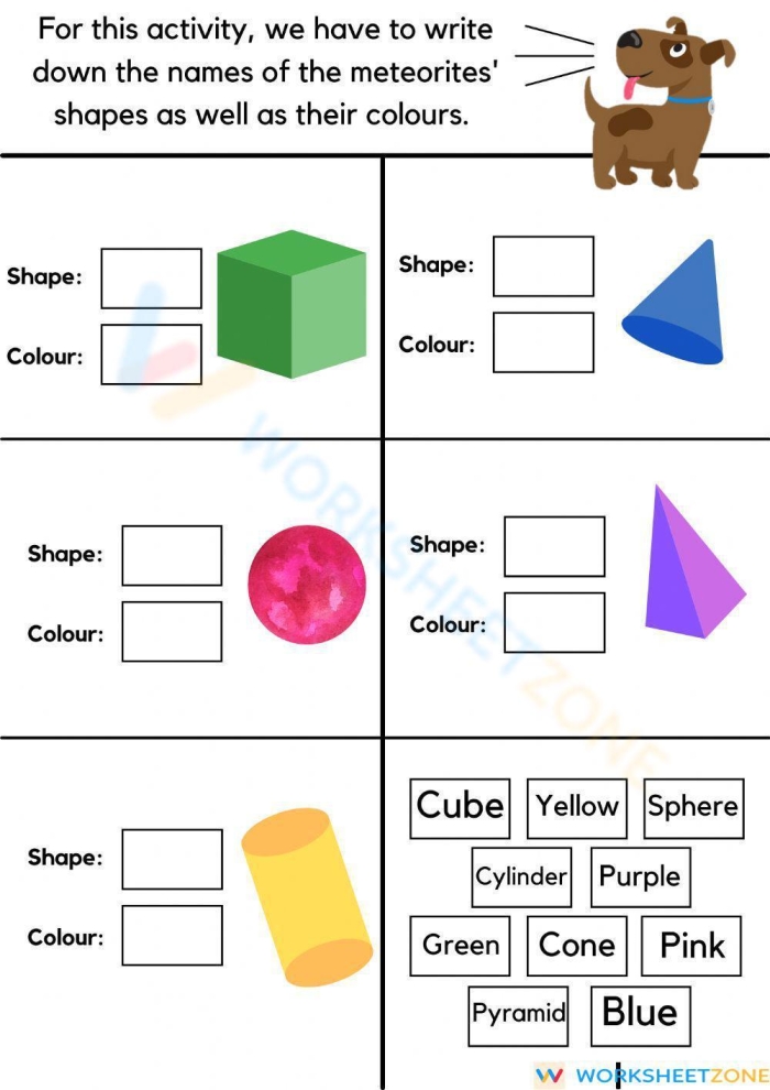 Learning 3D shapes in everyday objects worksheet number 7 Kindergarten student identifying spheres and cubes on a 3D shapes in the world worksheet