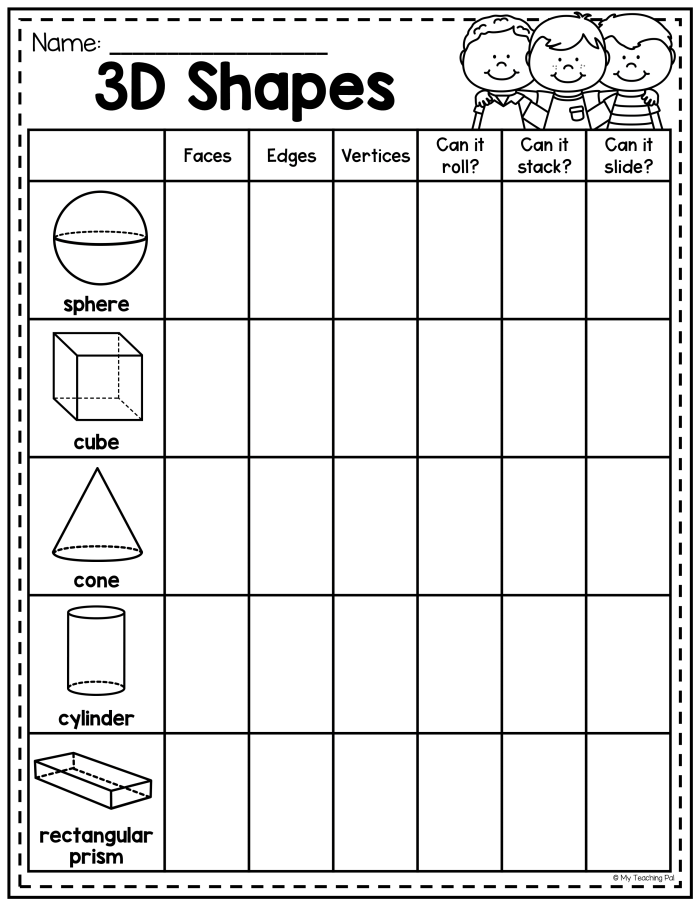 Engaging 3D Shapes in the World worksheet for young learners A kindergarten worksheet featuring 3D shapes found in everyday life