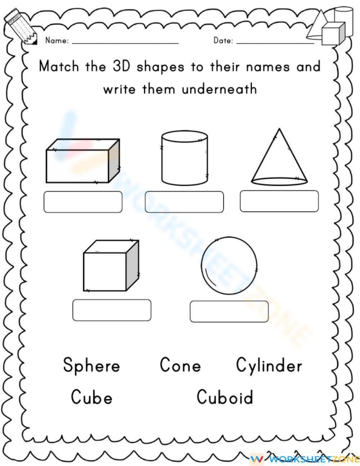 Engaging 3D Shapes in the World worksheet for phonics practice Worksheet featuring 3D shapes in real-world contexts for kindergarten students