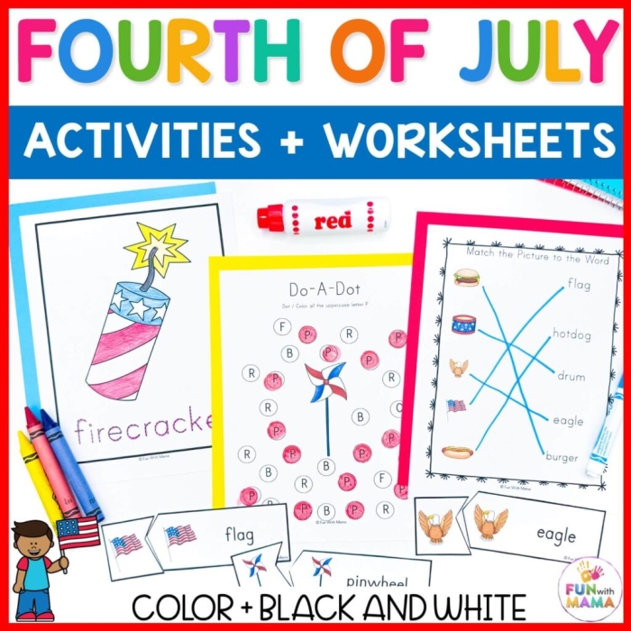 4th of July game worksheet designed for kindergarten reading activities