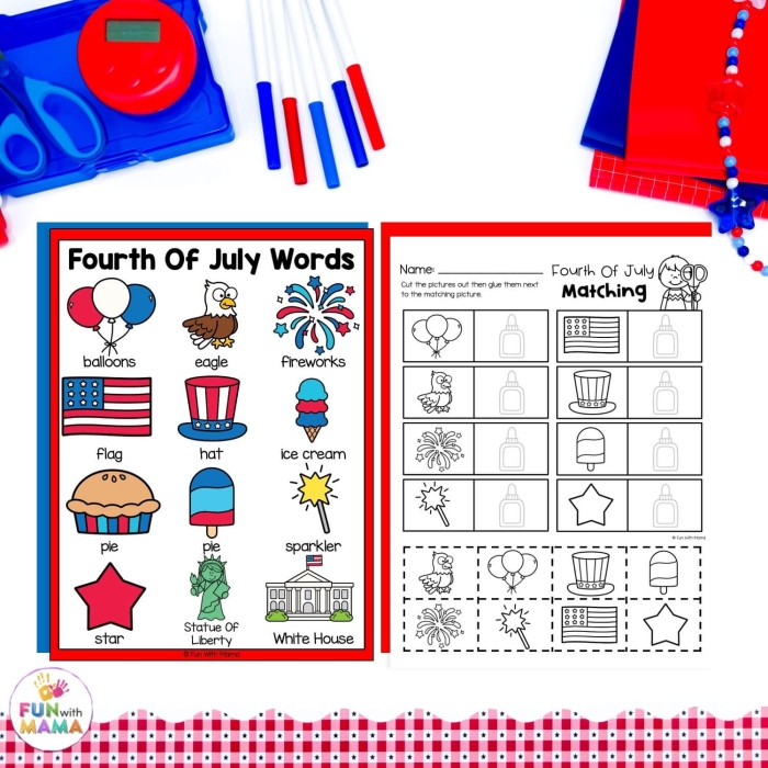 Kindergarten student completing a patriotic 4th of July reading game worksheet