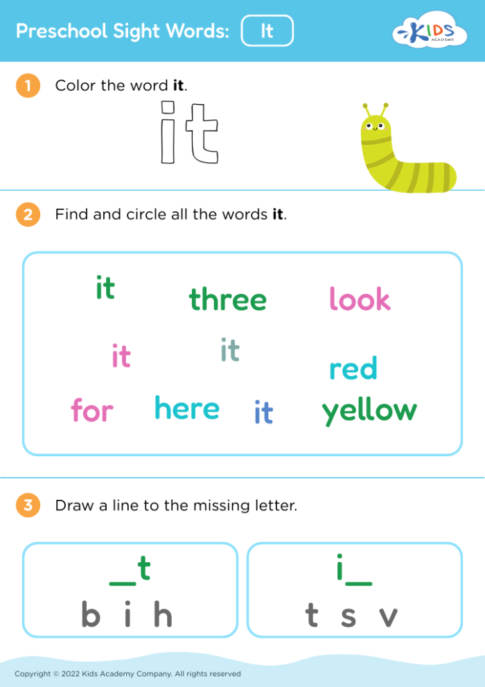 Vocabulary cards featuring sight words that begin with the letter A for kindergarten students