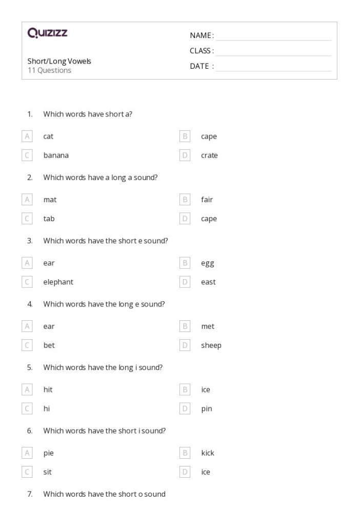 Long and Short Vowels: "A" matching activity for early readers Worksheet for matching pictures to short and long "A" vowel sounds for kindergarten students