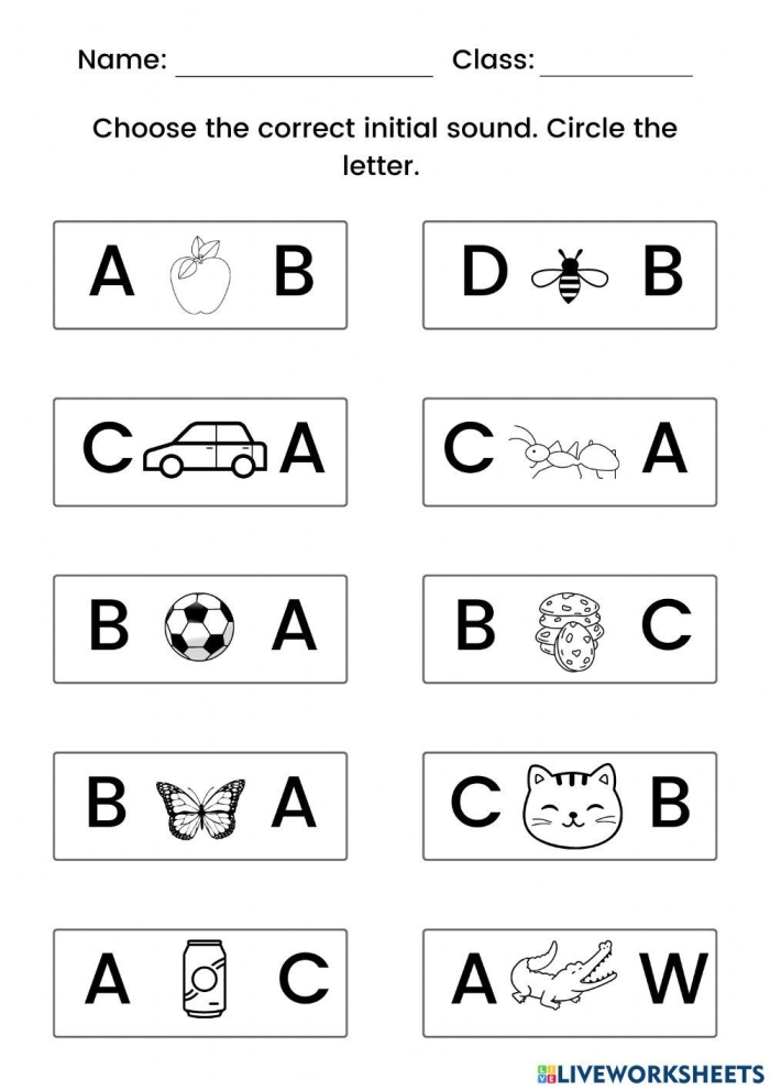 Kindergarten word search worksheet featuring the letters A B and C for early literacy practice