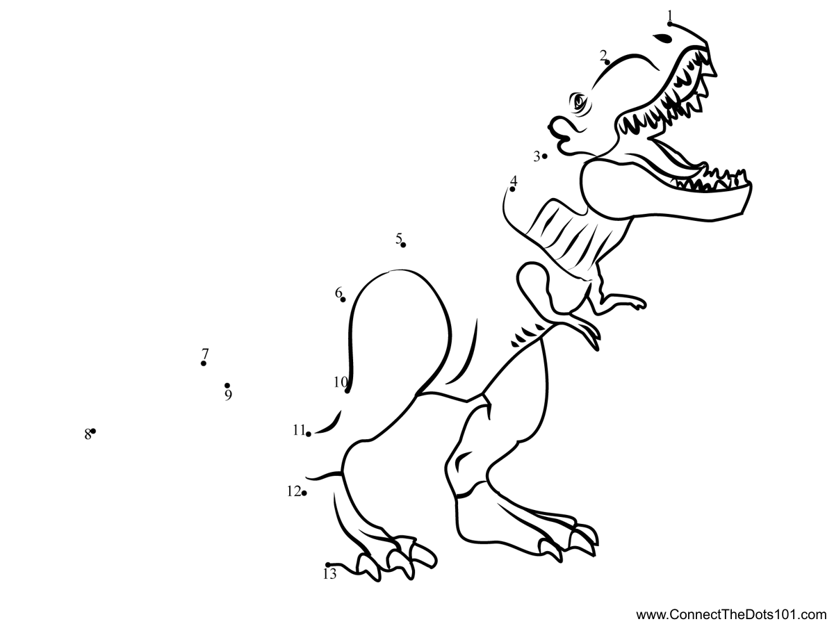 Toothy T-Rex connect the dots worksheet for kindergarteners focusing on counting from 1 to 45