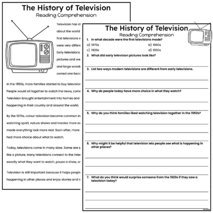 Television show comprehension questions worksheet for kindergarten students