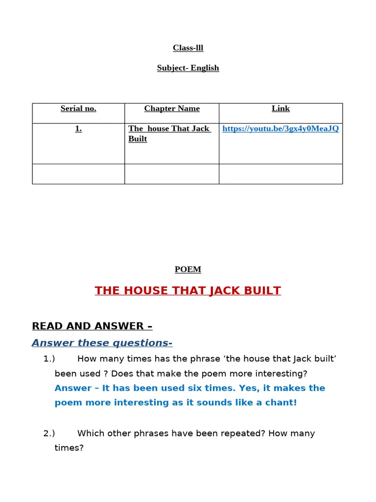 Reading comprehension activity related to "The House that Jack Built" nursery rhyme A colorful worksheet featuring the nursery rhyme "The House that Jack Built" for kindergarten students