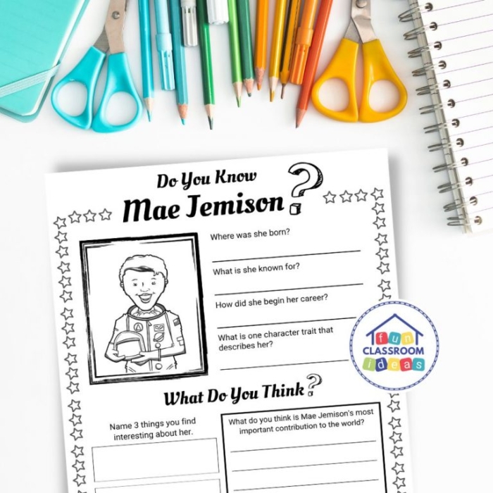 Integers and Rational Numbers worksheet for Kindergarten Worksheet for writing about Mae Jemison, the first African American woman in space. Educational activity focused on Mae Jemison for kindergarten students.