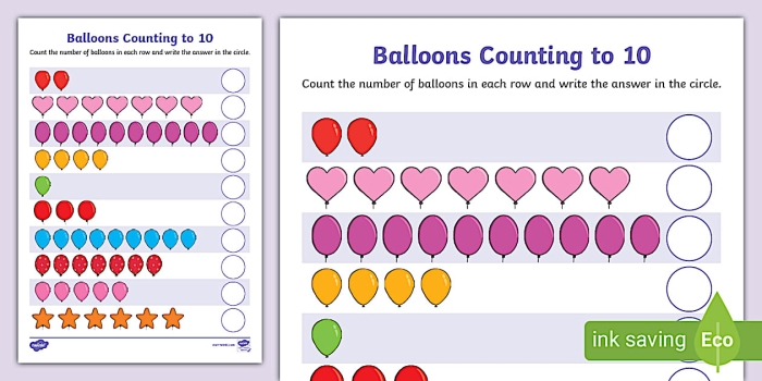 Colorful worksheet for kindergarteners to practice adding balloons up to 10