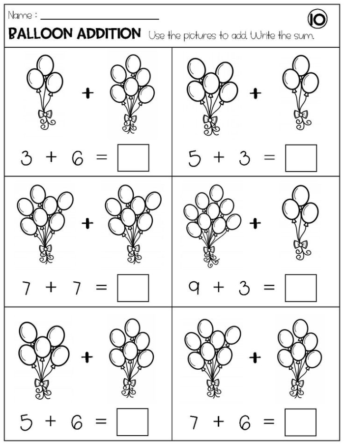 Colorful worksheet featuring balloons for kindergarten addition practice up to 10