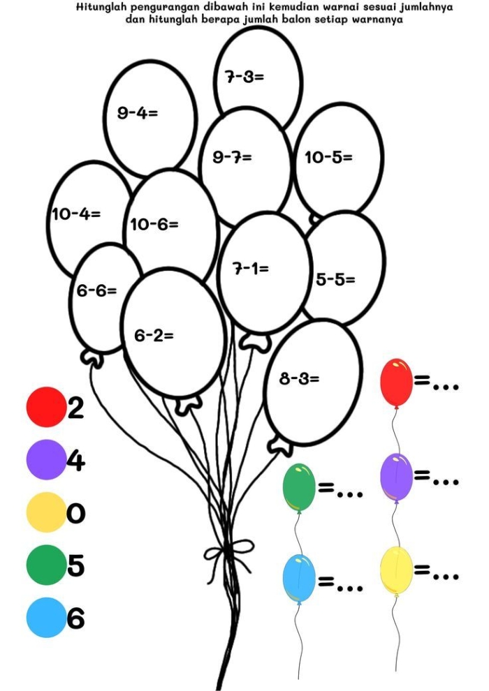 Colorful worksheet for kindergarteners focusing on adding balloons for sums up to 10