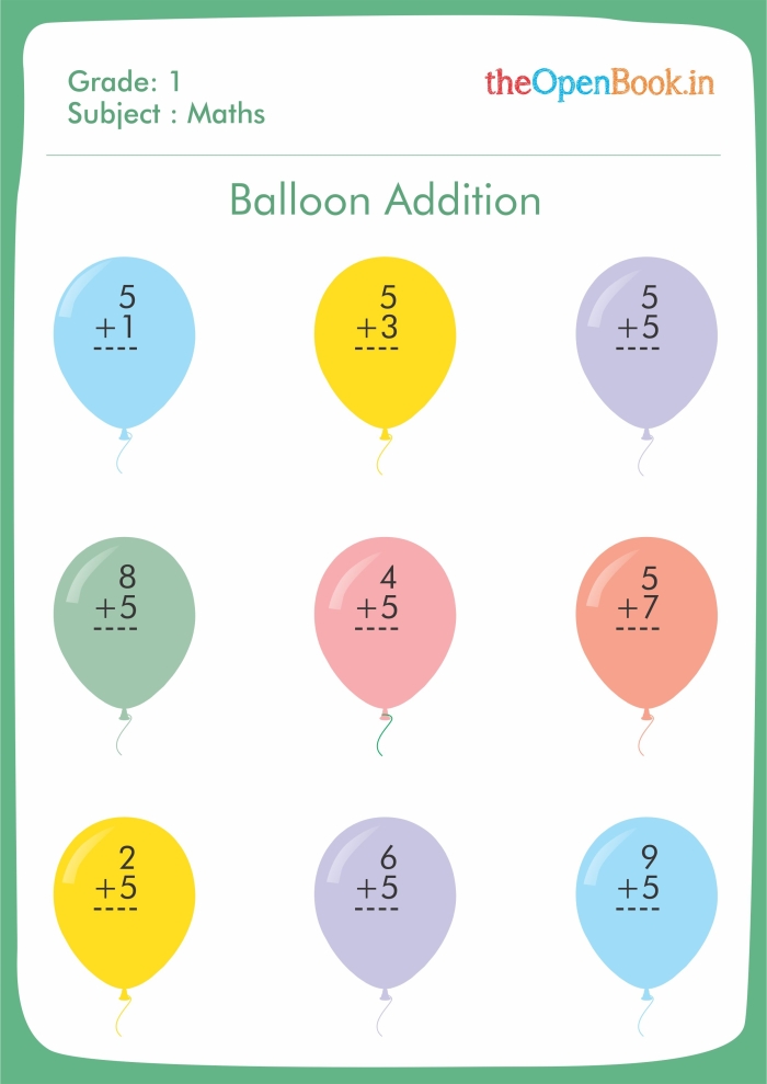 Kindergarten student completing an addition worksheet with colorful balloon illustrations for sums up to 10