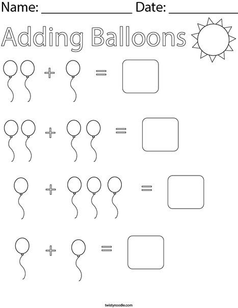 Kindergarten math worksheet featuring balloon illustrations to help students practice addition facts up to 10