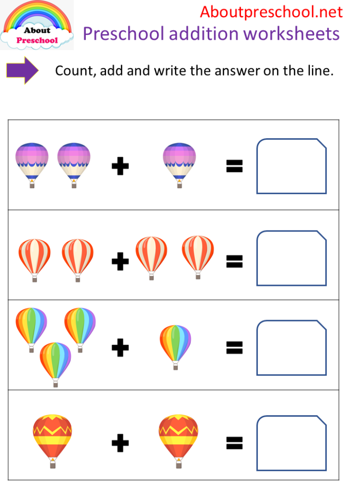 Colorful balloons worksheet for kindergarten addition practice up to the number ten