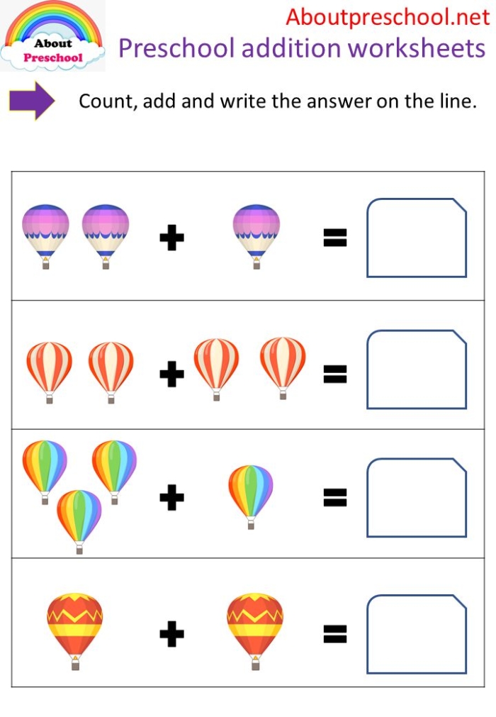 Worksheet featuring balloons for teaching kindergarten addition up to 10