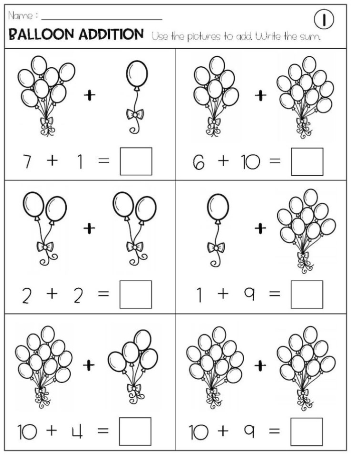 Kindergarten math worksheet featuring balloons for practicing addition up to 10