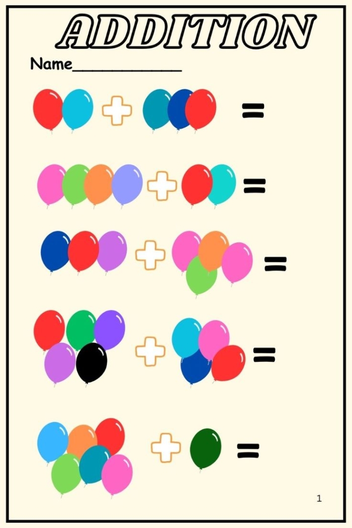 Colorful worksheet for kindergarteners focused on adding balloons up to 10