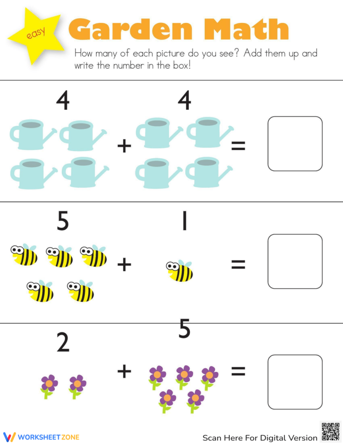 Garden Math Addition Worksheet for Early Learners Image 13 Kindergarten students solving garden-themed addition problems with single-digit numbers and writing sums