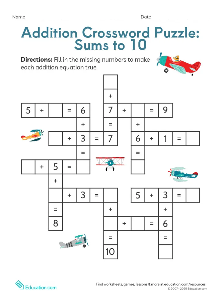 Addition Crossword Puzzle Worksheet 21 for Kindergarten Math Kindergarten student solving an addition crossword puzzle with sums to 10