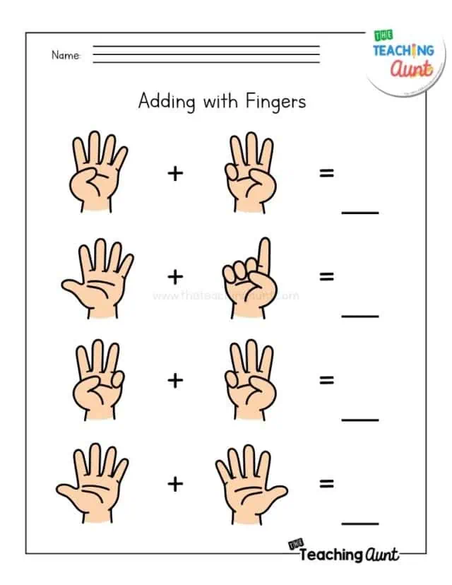 Kindergarten student using fingers to solve simple addition problems on a math worksheet