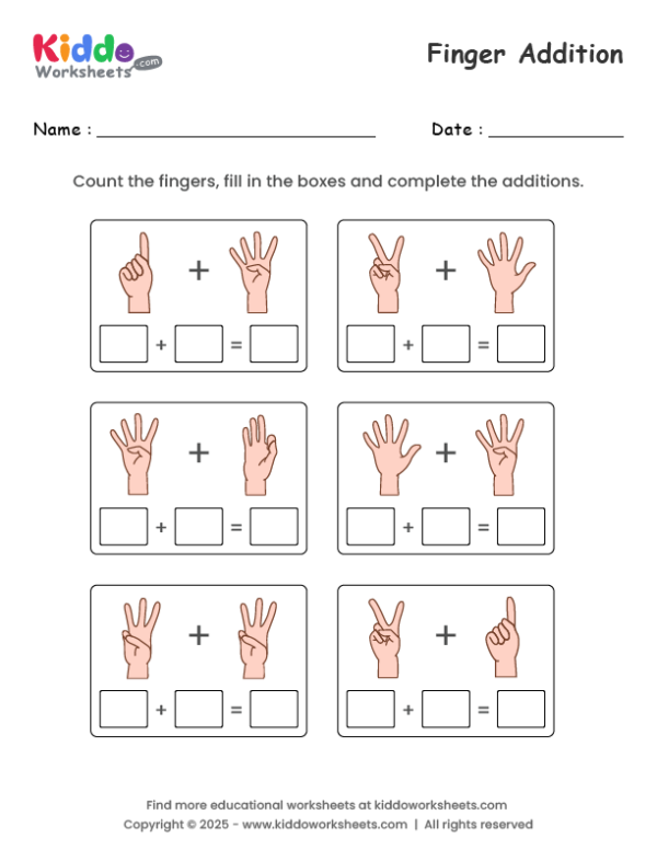 Handy Addition worksheet for kindergarten promoting finger counting for addition skills