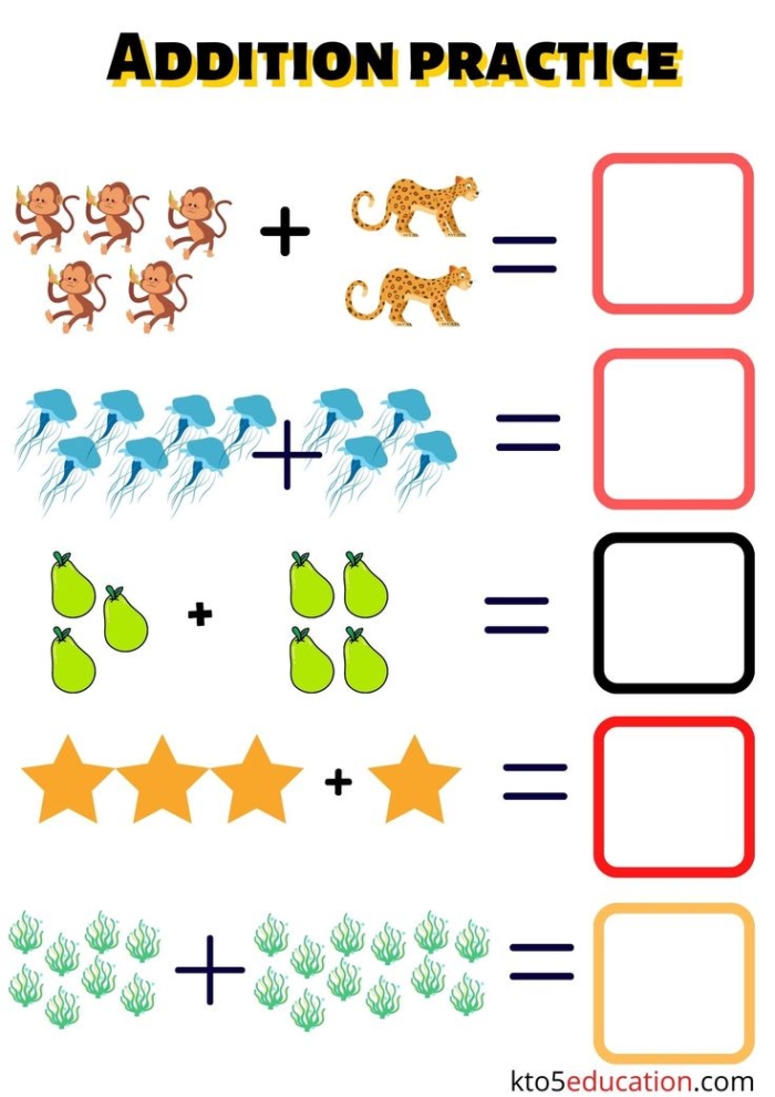 Kindergarten student solving an addition facts practice worksheet featuring starry sky illustrations